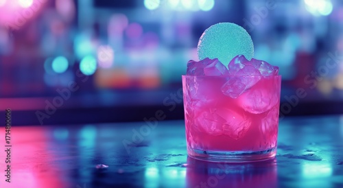 Colorful Cocktail With Ice and Garnish Served in a Glass at a Vibrant Bar Set...