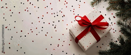 Gift Wrapped in White Paper With Red Bow Among Festive Decorations on a Clean...
