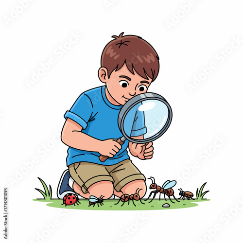A curious young boy kneels on the grass, observing insects like ants and a ladybug with a large magnifying glass.