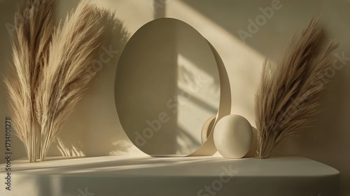 Modern Minimal Decor Featuring Round Mirror and Pampas Grass in Soft Light