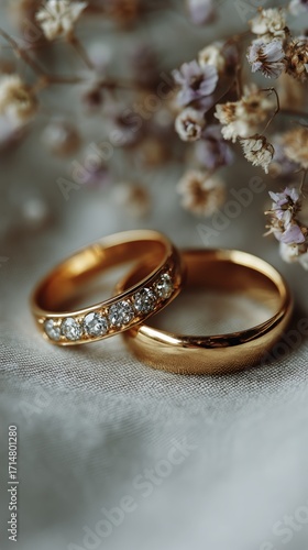 Elegant Wedding Rings With Diamonds and Gold Resting on Delicate Dried Flowers