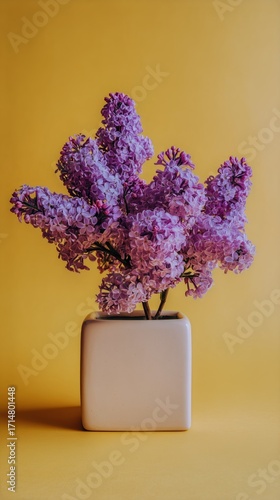 Purple Lilacs in a White Pot on a Vibrant Yellow Background