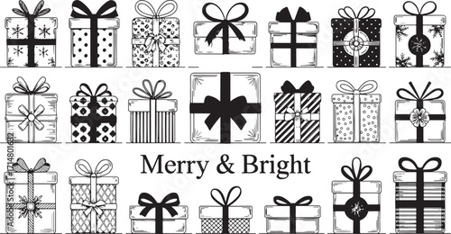 Hand-Drawn Merry & Bright Christmas Gift Boxes: Variety of Wrapped Presents Icons.