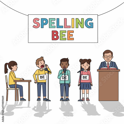 Elementary school children participate in a spelling bee competition.