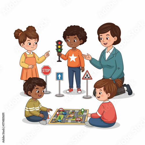 A teacher and a diverse group of young children learn about traffic rules and road safety using a play mat, toy cars, and miniature signs.
