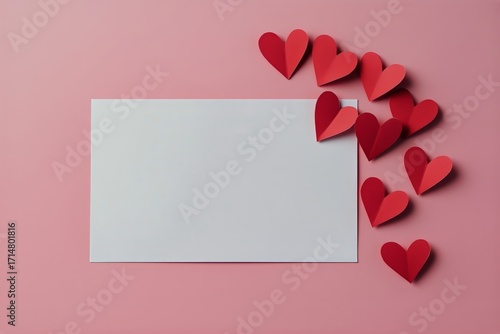 Colorful Paper Hearts Scattered Around a Blank White Card on a Pink Background