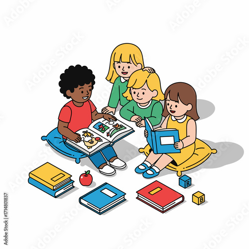 A diverse group of four young children sitting on cushions, happily reading books together in a classroom or library setting.
