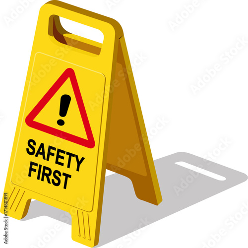 Vector illustration of a yellow safety sign features bold text and bright colors to encourage safety awareness in public spaces for all ages