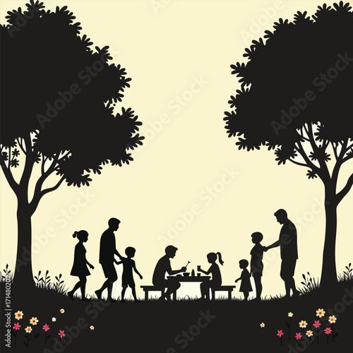 Silhouetted Family Picnic Under Trees With Flowers