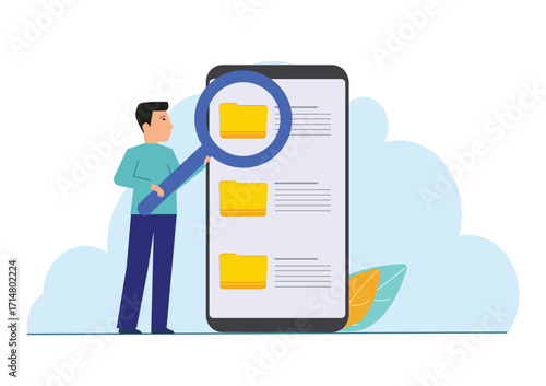 Man looking file manager to search files. documents manage concept