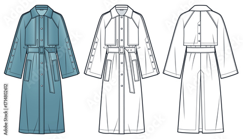 Denim Trench Coat with belt Technical Fashion Illustration. Raglan Sleeve Long Coat fashion flat technical drawing template, front and back view, white, blue, women, men, unisex CAD mockup.