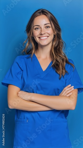 Healthcare Professional Smiling Confidently Against a Solid Blue Background W...