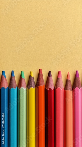 Brightly Colored Pencils Arranged Neatly on a Yellow Background for Creative ...