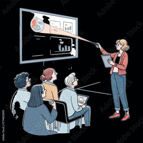 Presentation Dynamics: A presenter highlights data insights on a screen, captivating an attentive audience, offering a visual exploration of business concepts and teamwork in a modern setting.