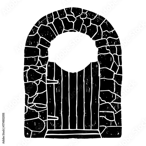 Black stone archway with closed wooden gate, vector illustration