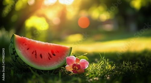 Fresh Watermelon Slice and Vibrant Orchid Flower in Sunlit Garden Setting