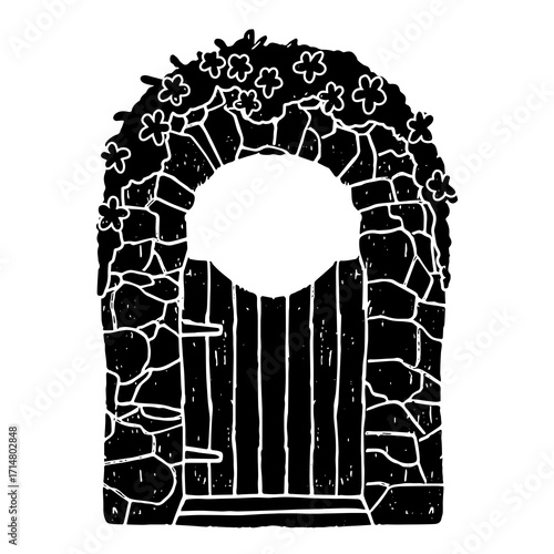 Black stone archway with closed wooden gate, vector illustration