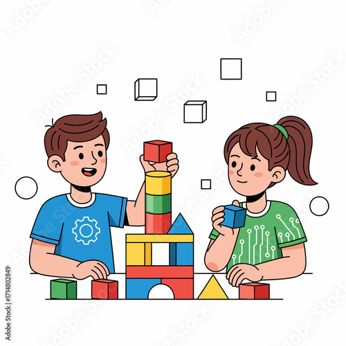 Two children playing with colorful building blocks, creating a tower together.