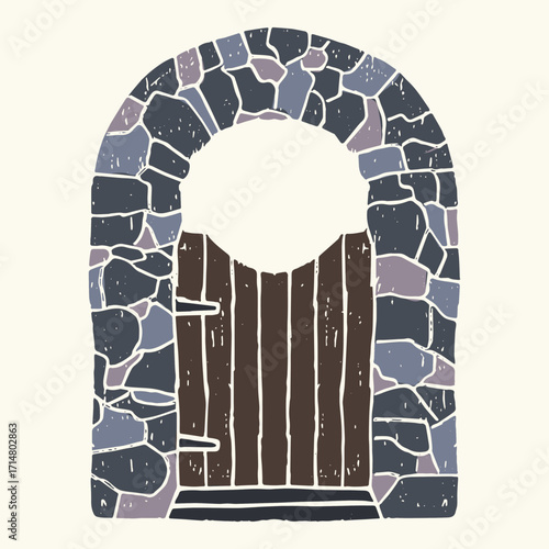 Gray stone archway with brown wooden gate, vector illustration