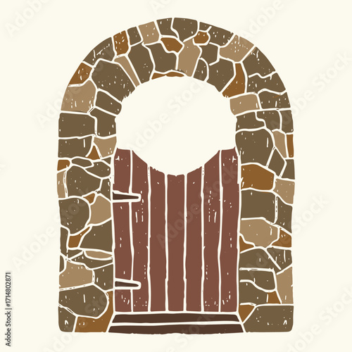 Brown stone archway with wooden gate, rustic vector illustration