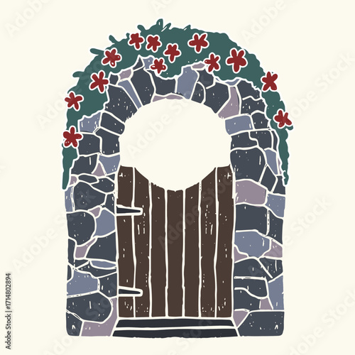 Gray stone archway with wooden gate and red flowers, vector illustration
