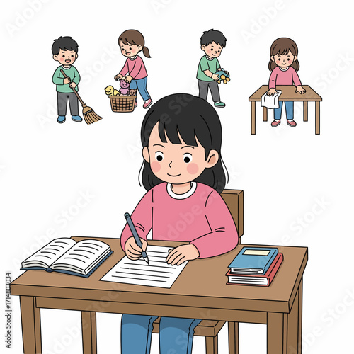 A young girl is writing at a desk while other children are cleaning in the background.