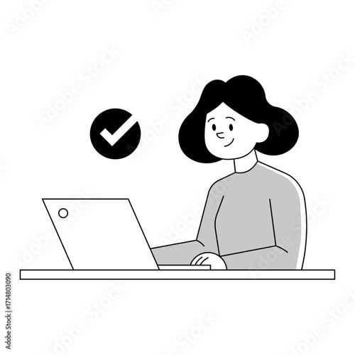 Mujer trabajando en su laptop. Trabajo de oficina, teletrabajo, productividad. Persona sentada usando su computadora portátil. Ilustración vectorial	