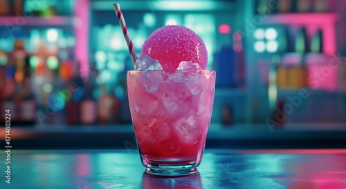 Refreshing Cocktail With a Vibrant Pink Garnish Served in a Bar During the Ev...