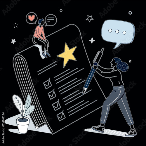 Illustration of Planning and Feedback: A detailed illustration, depicting the intricate process of planning, feedback and evaluation. A star symbol in the center.