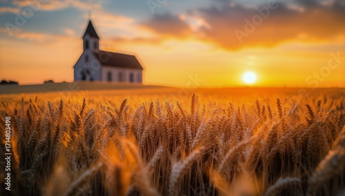 Sunset Over a Quaint Church Surrounded by Golden Wheat Fields.