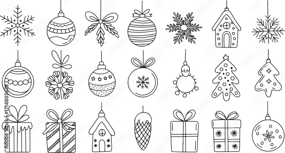 Fototapeta premium Christmas Icons Set: Ornaments, Trees, Bells, Gifts and Holiday Symbols.