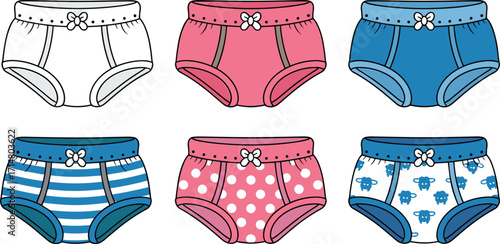 children, underwear, girls, briefs, panties, fashion, apparel, clothing, garment, template, vector, sketch, design, kids, cute, patterned, bow, illustration, style, colorful