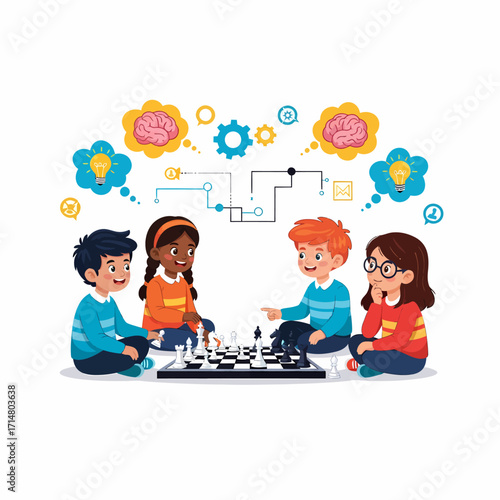 Four children playing chess, thinking strategically, with thought bubbles and brain illustrations.