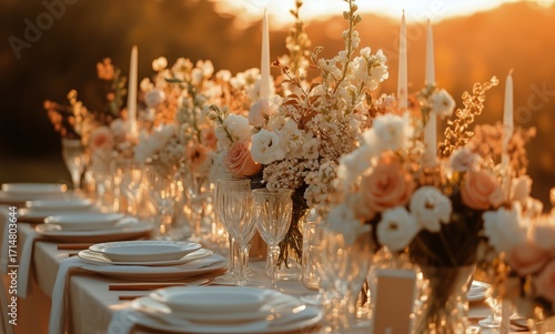 Elegant Outdoor Dinner Setup With Flowers and Candles at Sunset