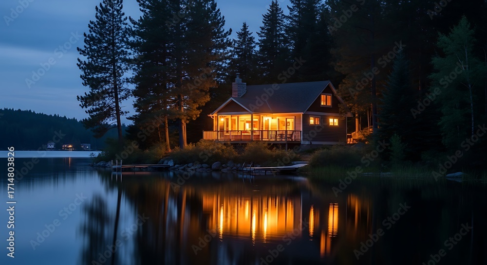 Fototapeta premium Cozy Cabin Lit Up at Dusk on a Serene Lake