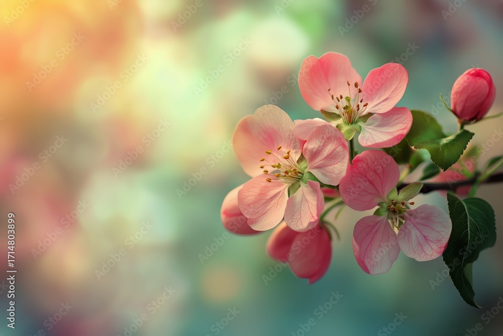Obraz premium Blossoming Pink Flowers on a Branch With a Soft, Colorful Background in Spring