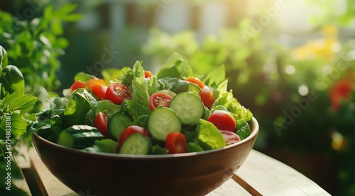 Fresh Salad With Tomatoes and Cucumbers in a Lush Garden Setting During Golde...