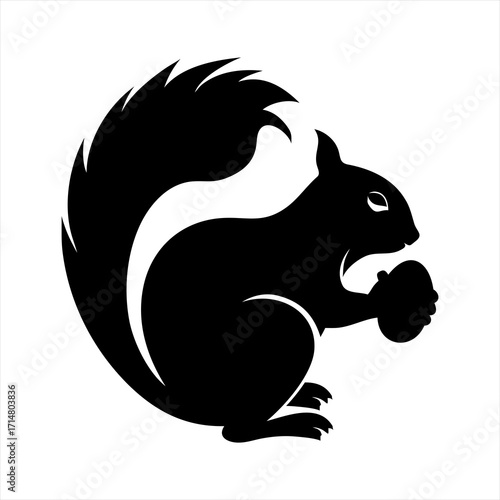 Black silhouette of a squirrel holding an acorn isolated on transparent background