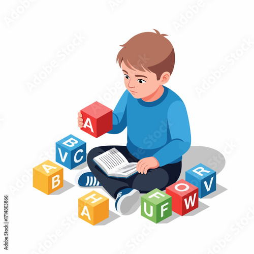 Boy playing with alphabet blocks and reading a book on the floor.