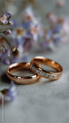 Elegant Wedding Rings With Diamonds and Gold Resting on Delicate Dried Flowers.