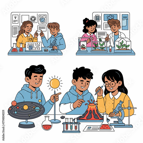 A collection of illustrations showing children engaged in various science class experiments and learning activities.