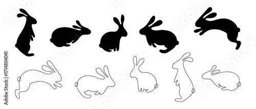 Black rabbits silhouettes set. Easter bunny line elements. Vector illustration isolated on transparent background. Simple hare clip art. 