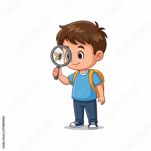 A young boy with a backpack looking at a butterfly through a magnifying glass.