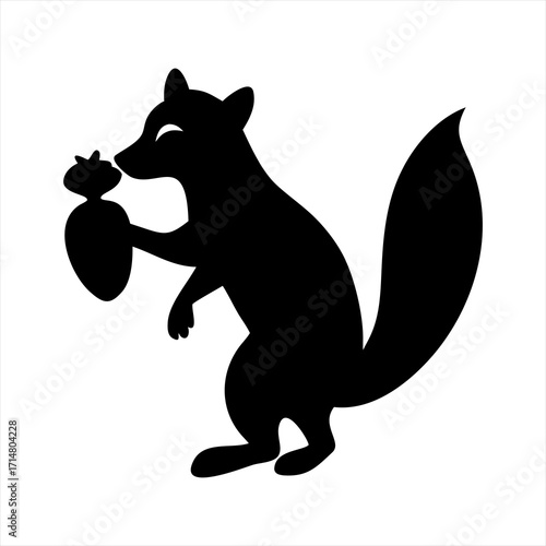 Black silhouette of a squirrel holding an acorn isolated on transparent background