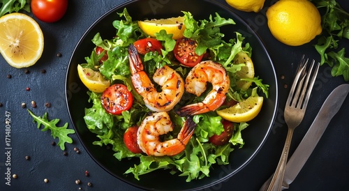 Grilled Shrimp Salad With Fresh Greens and Tomatoes in a Black Bowl on a Dark...