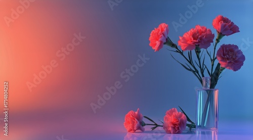 Bright Pink Carnations Arranged in a Glass Vase With Colorful Background Ligh...