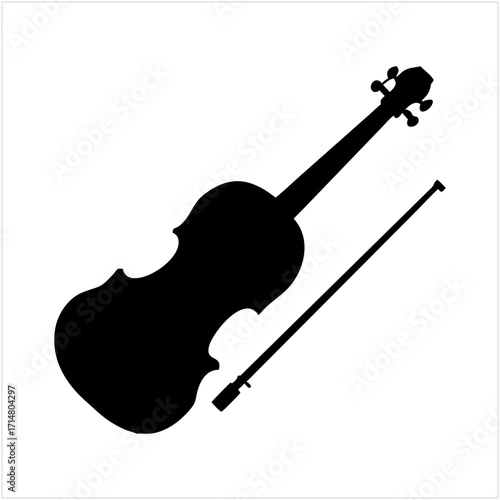 Black silhouette of a violin and bow isolated on transparent background