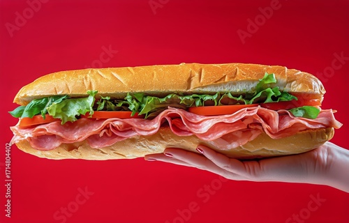Hearty Sandwich With Fresh Ingredients Held Against a Vibrant Red Background