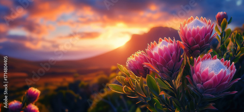 Wallpaper Mural Stunning sunset over blooming protea flowers in vibrant landscape, copy space for text, isolated on white background Torontodigital.ca