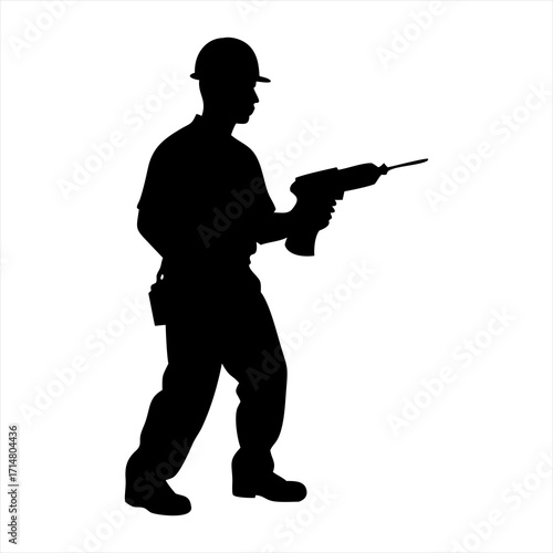 Silhouette of a construction worker holding a drill isolated on transparent background